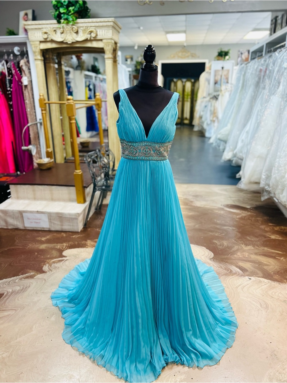 Sherri Hill Turquoise Pleated V-Neck Prom Gown with Beaded Waist